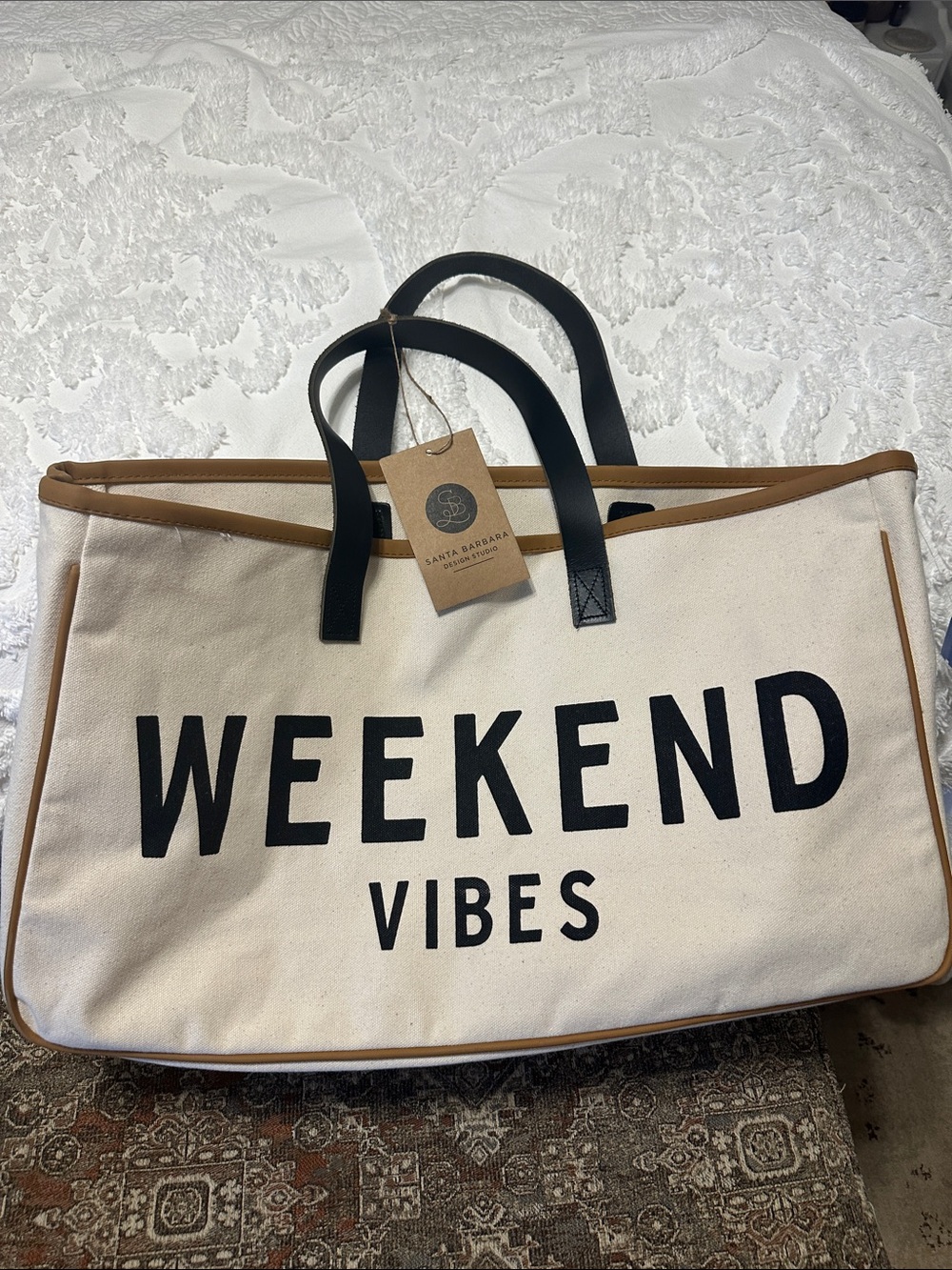 Santa Barbara 'Weekend Vibes' Canvas Tote Bag in Cream and Black